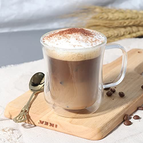 Lot de 2 Verres à Double Paroi 250ml - Verres à Cappuccino avec Poignée - Tasse à Café en Verre Borosilicate pour Thé, Lattes, Jus et Eau - Cuillères en Verre Incluses