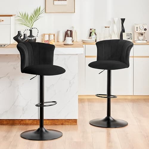 STOOLINK Tabouret de Bar Lot de 2 Chaise de Bar Tissu Velours Soie, Cuisine Siège Bar Réglables Chaises Bar, Tabourets de Bar avec Repose-Pieds, Convient pour Cuisine, Comptoir, Bar-Noir
