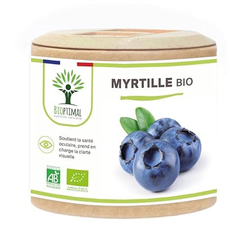 Myrtille Bio - Bioptimal - Complément alimentaire - Clarté visuelle Yeux Antioxydant Circulation - Lutéine Zéaxanthine Vitamine - 240 mg par Gélule - Fabriqué en France - Certifié Ecocert - 60 Gélules