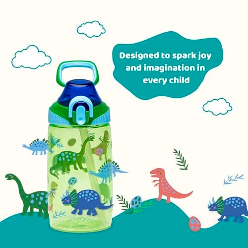 bzyoo Bouteille d'eau pour enfants de 473,6 g – Étanche et facile à ouvrir ! Vert avec de jolis motifs de dinosaures. Dispose d'une poignée et d'une fermeture sécurisée. Comprend une paille pratique