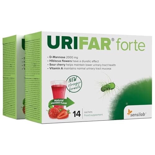 Sensilab Urifar Forte | Délicieuse boisson à la fraise à base de D-Mannose, vitamine A, hibiscus et extrait de cerise griotte pour les voies urinaires | 28 sachets
