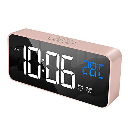 HOMVILLA Réveil Numérique avec Grand Affichage de la Température LED, Alarme de Miroir Portable avec Double Alarme Roupillon Temps Gradateur de Luminosité Réglable sur 4 Niveaux (Rose)
