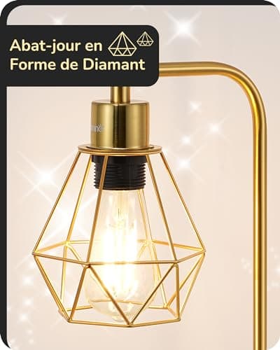EDISHINE Lampe de Table LED E27 Ampoule Dimmable à 3 Niveaux, USB A & USB C Port de Charge, Contrôle Tactile, Lampe de Chevet Industrielle avec Abat-jour en Forme de Diamant, Doré, 2pcs