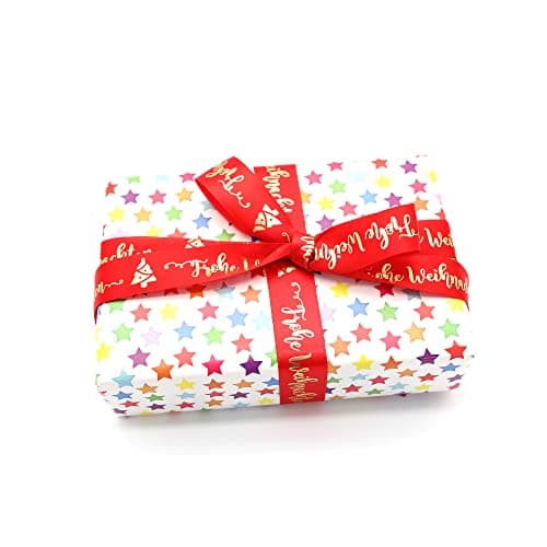 OMISS - Frohe Weihnachten - Ruban Rouge et Ecriture Or - Ruban de type Satin de 19mm