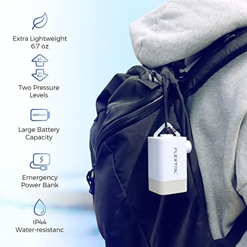 FLEXTAILGEAR MP2Plus Mini pompe à air électrique avec batterie rechargeable et lanterne de camping pour matelas gonflable, matelas gonflable, flotteur de piscine, jouet gonflable