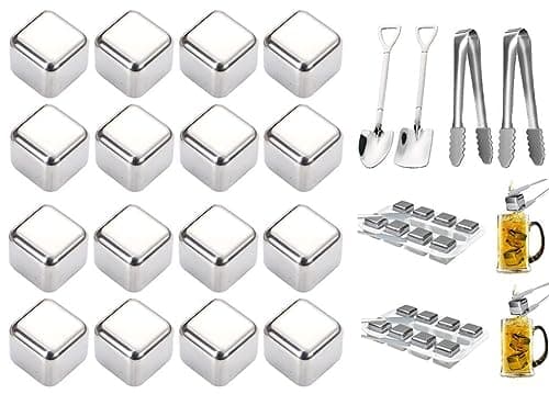 Hitopin Glaçons en Acier Inoxydable, 16PCS Glacons Réutilisables, Glaçons Whisky, avec Clips+Cuillère, Whisky en Acier Inoxydable Glaçons, pour Refroidissement du Vodka Vin Bière Whisky Cocktail
