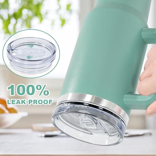 FECBK Mug Isotherme avec Paille et Poignée 1.2L, Tasse Isotherme 100% Anti-fuite, 34 Heures Froid, 12 Heures Chaud, Gobelet en Acier Inoxydable, Lavable au Lave-Vaisselle, Teal