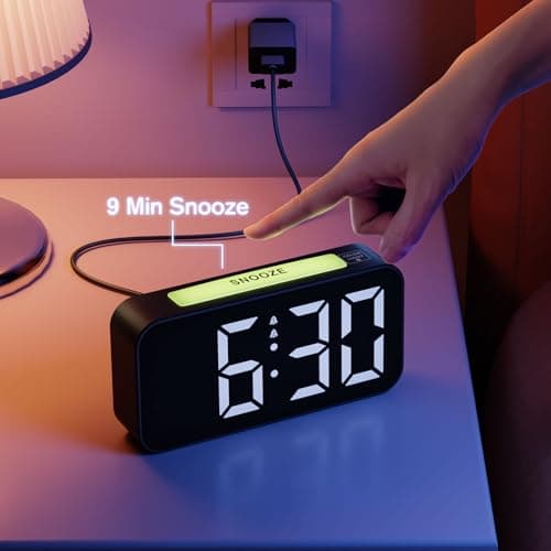 Reveil, Réveil Numérique Grand écran LED avec Veilleuses 9 Colorées, Luminosité & Volume réglable, Cloche Double, Snooze, 12/24H, Alimentation électrique (Adaptateur Inclure)