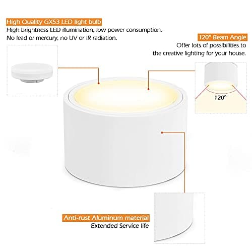 KYOTECH Spot en Saillie led IP44 Ø95x55mm Plafonnier Luminaire Apparent, incluse 6W Remplaçable GX53 Ampoule 3000K Blanc Chaud 550LM Plafonnier Spot LED Downlight pour Salle de Chambre Salon Cuisine