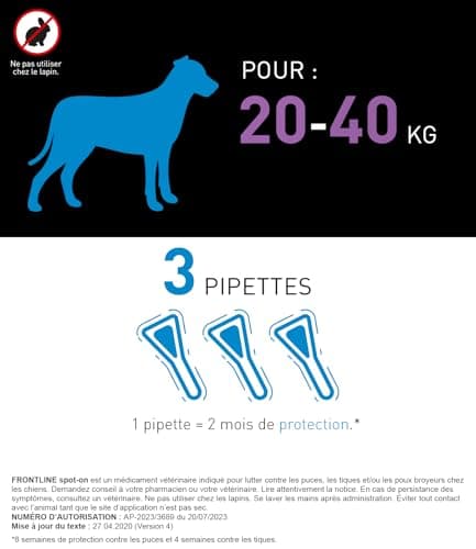 FRONTLINE Spot on Chien - Anti Puces, Anti-Tiques et Poux - Élimine Puces Pendant 8 Semaines-Tiques Pendant 4 Semaines - pour Chien 20 à 40 kg - Fabriqué en France - 3 Pipettes
