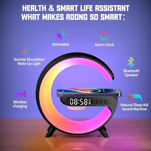 Lampe De Table Intelligente, Nouvelle Lampe Chevet,Lampe Ambiance Intelligente,Lampe ConnectéE avec Charge Sans Fil Et Haut-Parleur Bluetooth, Reveil Simulateur D'Aube(Noir,Modèle toujours connecté)