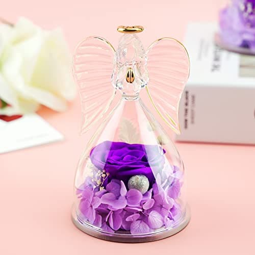 Sunia Cadeau Femme Noel, Rose Eternelle Cadeau Maman Noel, Ange Figurine en Verre avec Fleur Eternelle,Cadeau Maman Mamie, Cadeau Anniversaire Femme, Cadeau Noel Saint Valentin,Ange Gardien Vraie Rose