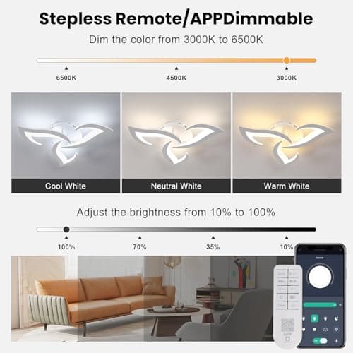 Dorlink Plafonnier LED Dimmable, Luminaire Plafonnier 35W 3900LM, Lampe de Plafond Salon Acrylique Créatif avec Télécommande/APP 3000K-6500K pour Salon, Chambre, Salle à Manger, Blanc, Ø58cm