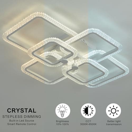 HIHIHOMY Plafonnier Moderne Lampe De Plafond, Avec 6 Cadres Carrés En Cristal En Acrylique, Intensité Variable Avec Télécommande, 3000 K-6500 K, Luminaire Plafonnier Led Metal Encastré Pour Cuisine
