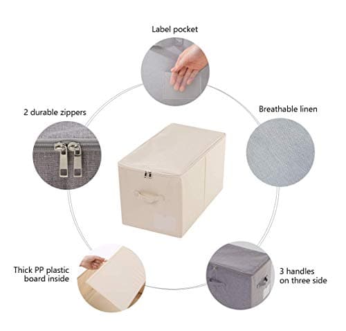 56 * 33 * 32 cm, Grandes boîtes de rangement pliantes pour armoires avec couvercle zippé et pochette pour étiquettes, poignées, pour l'organisation des vêtements et de la literie, beige