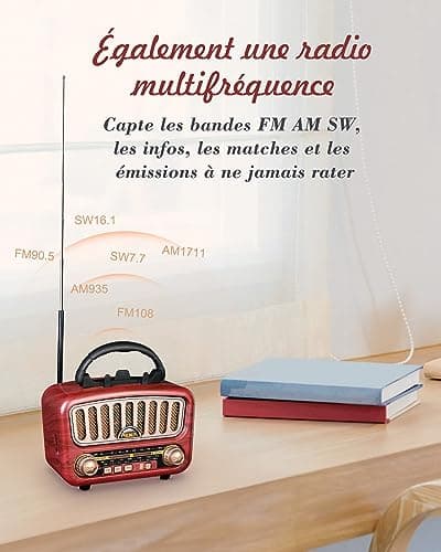 Radio Vintage Rétro, PRUNUS J-180 Poste Radio Portable AM/FM/SW Radio Bluetooth 5.0, Petite Radio Rechargeable avec Batterie 1800mAh, Grand Haut-Parleur 5W, Mini Radio avec Fonction USB/TF/AUX