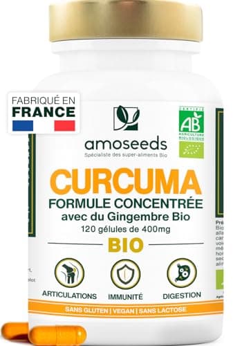 Curcuma BIO Haute Concentration | Avec Gingembre Bio | Curcumine Haute Absorption | Sans Pipérine | Articulations | 120 Gélules | Qualité Supérieure
