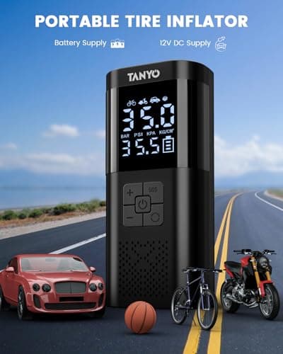 TANYO Compresseur à Air Portatif, 150PSI Gonfleur Pneus Voiture sans Fil avec Lumière LED, Pompe a Velo Electrique, Mini Compresseur Voiture 12V DC pour Vélo, Moto, Scoote, Balle