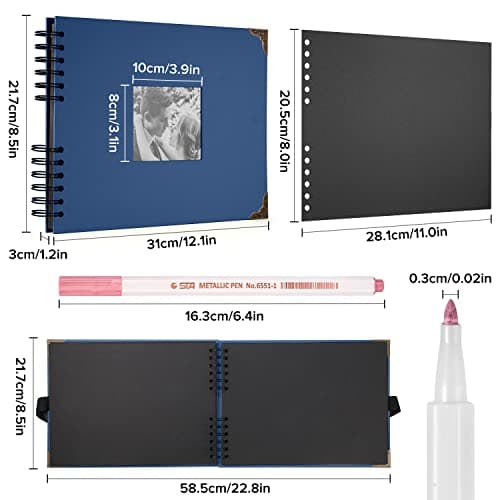 DazSpirit Album Photo 80 Pages Noir Scrapbooking Album 29,5 X 21Cm Livre Scrapbooking Avec 6 Stylos Métalliques, Pour 160 Photos, Livre D'or Pour Anniversaire Et Mariage (Bleu)