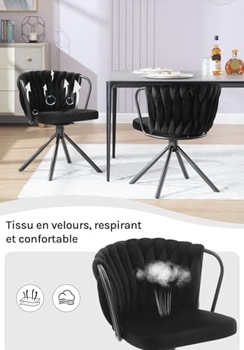 WOLTU Chaise de Salle à Manger Pivotante Lot de 4, Fauteuil Rembourré avec Dossier Tressé et Pieds en Métal, Chaise Scandinave, en Velours,Noir,EZS72sz-4
