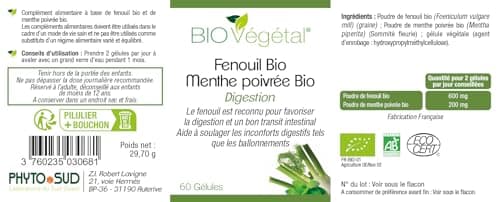 Phyto Sud Complexe Fenouil Bio 600 mg et Menthe Poivrée Bio 200 mg - Fenouil Gelules avec Menthe Poivrée pour Aider à la Digestion Difficile - 60 Gélules - Cure de 1 Mois - Fabriqué en France