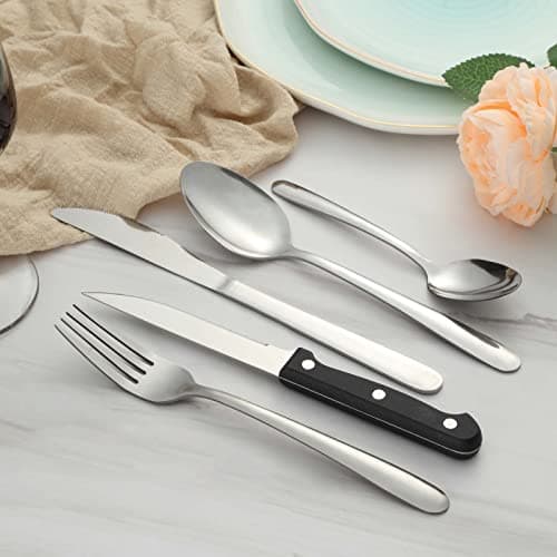 Pleafind couverts avec couteau a steak, 30 pièces couverts de table pour 6 personnes, couvert en argent comprenant cuillère, couteau, fourchette, set couverts de table inox, lave-vaisselle