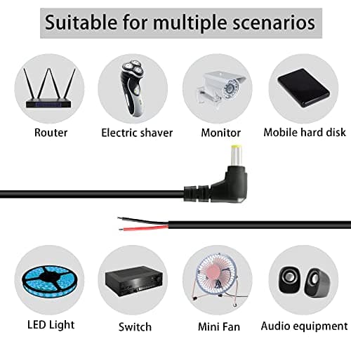 GINTOOYUN Lot de 2 câbles d'alimentation CC à 90 degrés, prise jack mâle CC 5,5 mm x 2,5 mm vers fil nu à extrémité ouverte, cordon de réparation pour moniteurs, bande lumineuse LED, appareil photo,