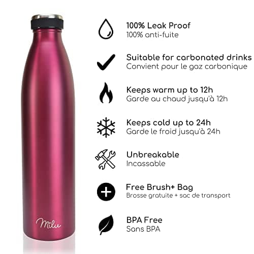 Milu Gourde en acier inoxydable 350 ml 500 ml, 750 ml, 1000 ml, 1,5 l – Bouteille isotherme, bouteille d'eau isolée, double paroi anti-fuite, convient aux acides carboniques (Berry, 1L)