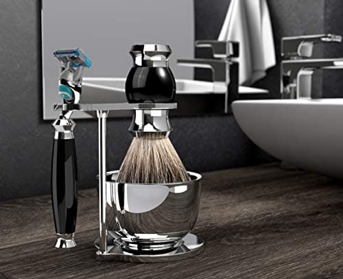 Ensemble de rasage GRUTTI, couteau de luxe pour rasoir et support de pinceau avec bol de savon Cadeaux pour les hommes Rasage brosse de blaireau et manche de rasoir compatible avec Fusion 5
