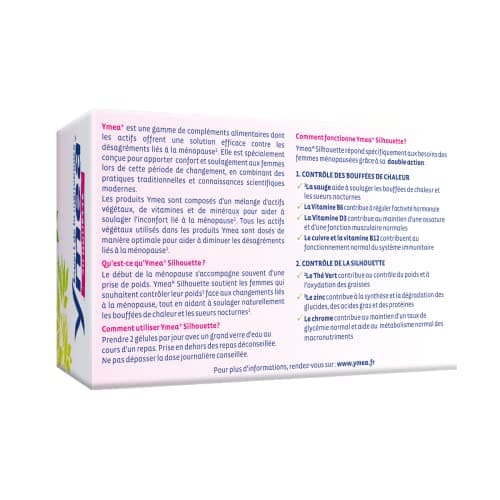Ymea Silhouette - Complément Alimentaire ménopause - actifs végétaux, vitamines et minéraux - contrôle des bouffées de chaleur1 et de la silhouette2 - 64 gélules - 1 mois