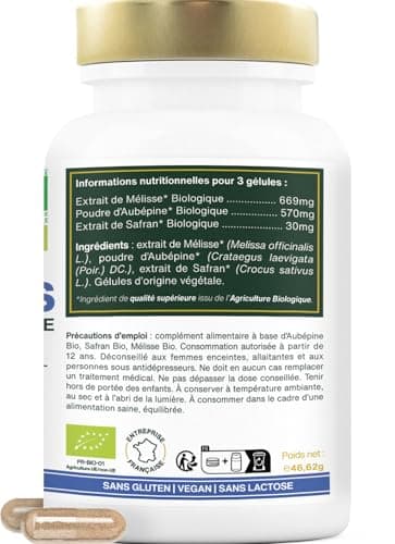 Anti-stress BIO | Aubépine, Safran, Mélisse | Équilibre Émotionnel, Relaxation, Réduit la Tension Nerveuse | 90 gélules de 423mg | Fabriqué en France | Qualité Supérieure