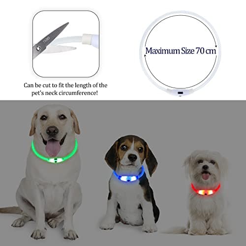 Coolzon LED Collier Lumineux 3 Changement Couleur Rechargeable et Longueur Ajustable, Imperméable Découpable Collier pour Chien Chat Petit Moyen Grand