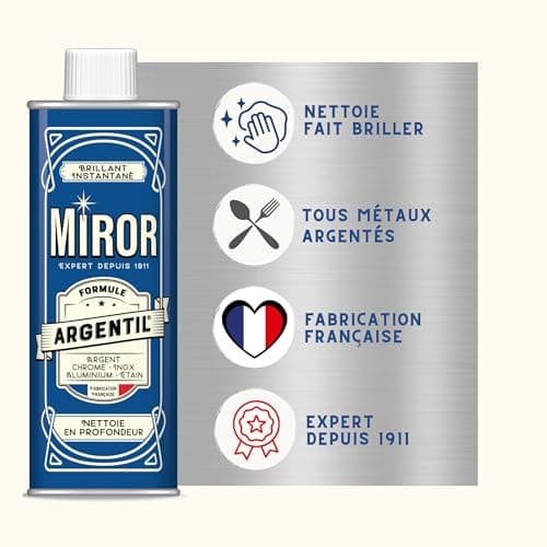 Miror Argentil - Nettoyant Inox, Argent, Chrome, Etain brillant, Nickel, Aluminium Et Acier - Nettoie & Fait Briller - Efficace Pour Argent Et Métal - Anti-oxydant - Fabriqué En France - Facon 250mL