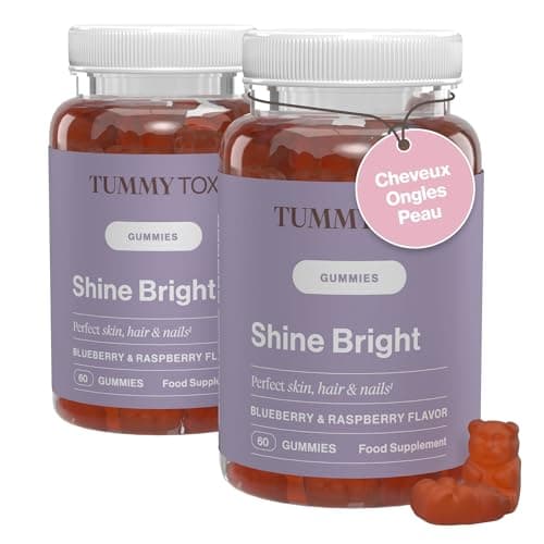 Shine Bright | Gummies Pousse Cheveux | Vitamines pour la peau, les cheveux et ongles | Biotin, Acide Folique, Vitamine B6, B12 | 120 Gummies | Tummy Tox