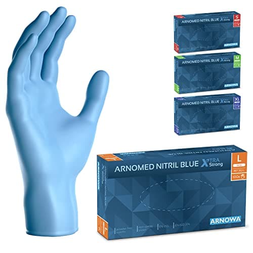 ARNOMED Gants jetables Bleu Extra Fort, Gants nitrile taille L, 50% plus épais, 100 p./boîte, Gants jetables non poudrés, Gants en nitrile mecanique sans latex, gant jetable en tailles S, M, L & XL