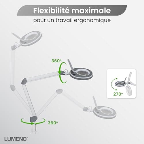 Lumeno 8213GR LED Lampe loupe pour poste de travail, lampe cosmétique, intensité lumineuse réglable, lentille en verre transparent de 127 mm, aide à la lecture/loupe, 3 dioptries