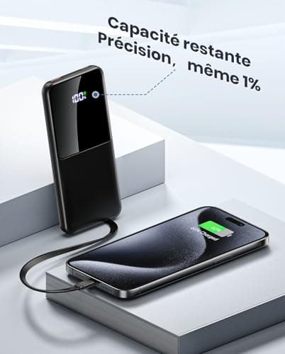 Batterie Externe 10000mAh avec Câbles Intégrés, 22.5W PD3.0 QC4.0 Batterie Externe USB C Câble Charge Rapide Batterie Portable 4 Sorties avec Affichage LED Compatible avec iPhone Samsung Huawei Xiaomi