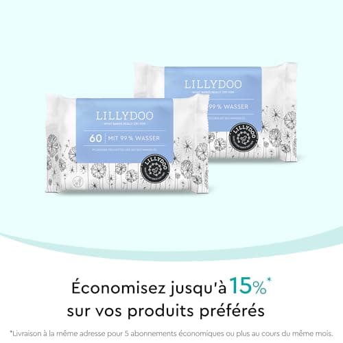 Lingettes LILLYDOO pour bébé faites à 99% d'eau, Lot de 10 x 60 (600 lingettes), lingettes 100% sans plastique, sans parfum et douces comme du coton et de l'eau