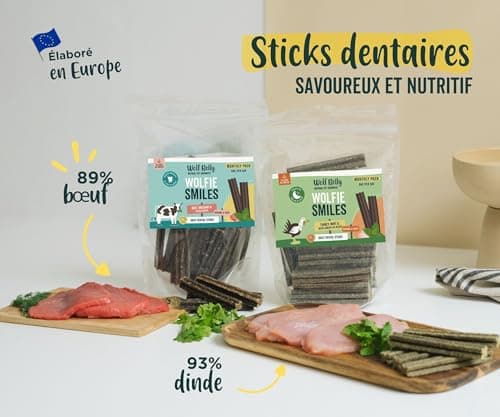 Wolf Belly - Friandises pour Chien Naturel (28 unités) 89% Bœuf et Origan sans Céréales | Hygiène Bucco-Dentaire & Haleine Fraîche | Stick Chien Riche en Protéines | Goût Irrésistible