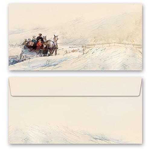 Set complet de 40 pièces Motif d'hiver, CALÈCHE DANS LES BOIS Variante A Saisons - Hiver 20 feuilles de papier à lettres et 20 enveloppes DIN LONG sans fenêtre | Paper-Media