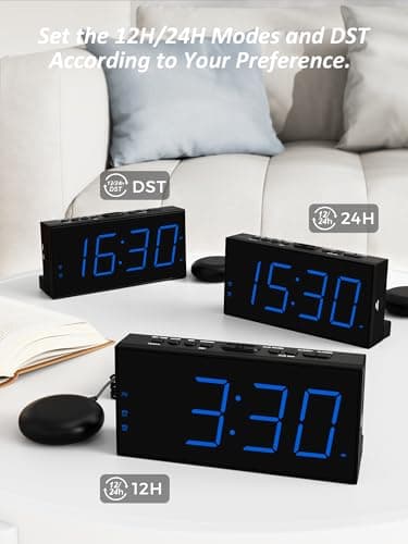 Réveil Extra Fort avec Secoueur de Lit, Réveil Vibrant à LED 7'' pour Sourd et Malentendant, Gros Dormeur, Réveil Double, Lumineux à 5 Niveaux, Snooze, Charger USB, Variateur d'Intensité, 12/24 H