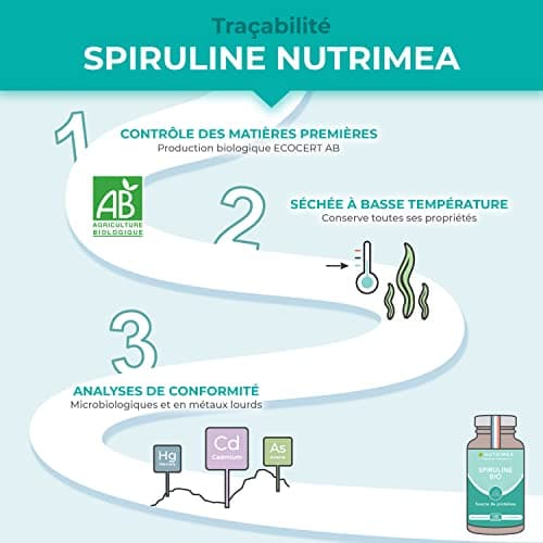 Spiruline BIO - Sans Excipients & OGM - 19% de Phycocyanine - Riche en Protéines, Fer & Antioxydants - Nutrimea - 540 Comprimés Vegan de 500 mg - 6 Mois de Cure - Fabriqué en France