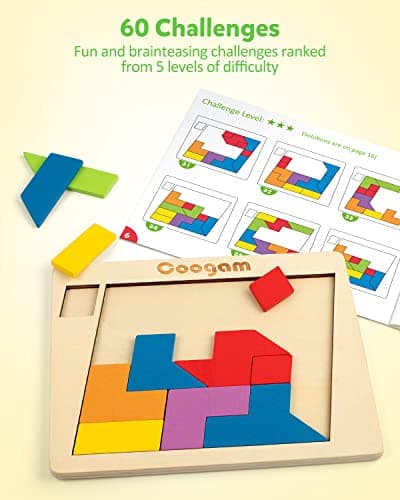 Coogam Blocs de puzzle en bois géométrique Tangram casse-tête puzzle 3D logique QI jeu coloré motif STEM jouets éducatifs cadeau 60 défis pour tous les âges