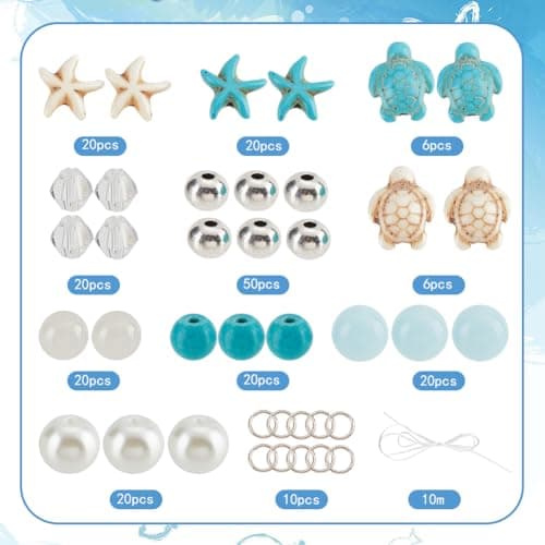 SUNNYCLUE 1 boîte 6 ensembles de Bracelets de Cheville Océan - Kit de Fabrication de Bracelets de Cheville - Perles de Tortue - Perles D'Animaux Marins - Perles de Verre Bleues D'Été Hawaïennes - Perl