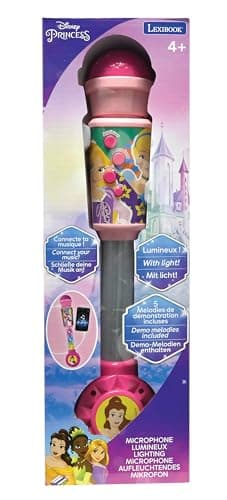 Lexibook- Cendrillon, Belle, Raiponce, Princesses Disney, Microphone Enfant, Jouet Musical, Haut-Parleur intégré, Effets Lumineux, Prise Aux-in, MIC90DP, Rose