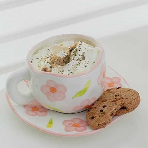 Disoza Set de Tasses à Café Avec Soucoupe Douces Fleurs Tasse Cadeaux d'Anniversaire Pour Les Femmes Tasse à Café avec Soucoupe 250 ML Céramique Tasse Cadeau d'Anniversaire Pour Les Femmes Fille Maman