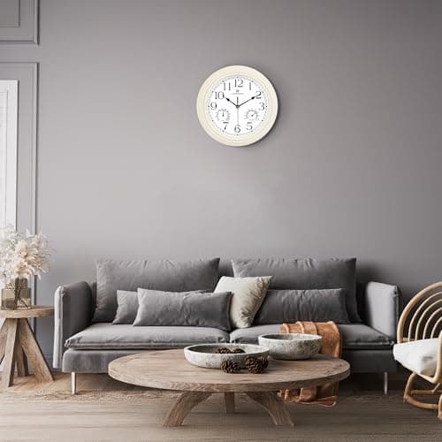Lafocuse Horloge Murale avec Thermomètre et Hygromètre Vintage Pendule Murale Quartz Blanc Silencieuse pour Salon Cuisine 30cm