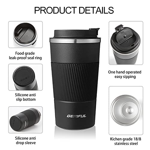 GEMFUL Mug Isotherme Cafe Tasse de Voyage pour café Chaud et Froid Lait et thé 510ml