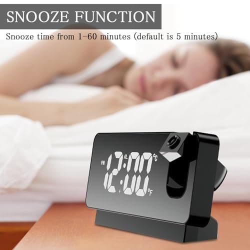 TNSLAND Réveil à projection, radio-réveil avec projection 180 °, réveil LED, horloge numérique, snooze, double gong, température USB, fonction de charge, horloge de projection pour la maison, le