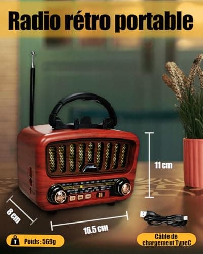 Poste Radio Portable avec Haut-Parleur Bluetooth, AM/FM/SW Petite Radio Vintage avec Haut-Parleur 5W et Bluetooth 5.0, Transistor Radio a Pile avec Fonction USB/TF/AUX (Rouge)